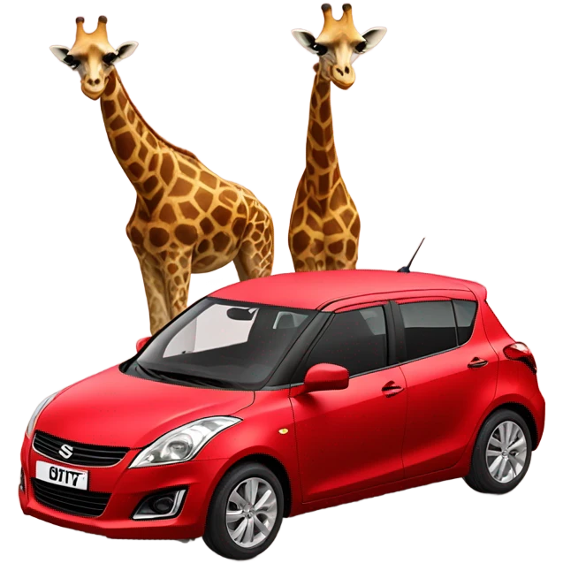 two giraffes driving a red suzuki swift car emoji