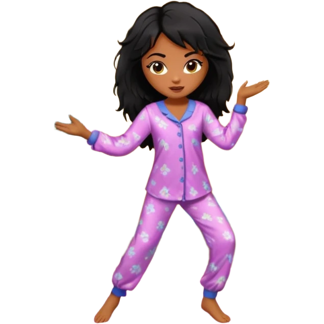 generate a pretty bratz brown skinned girl with messy black hair in pyjamas dancing in room emoji