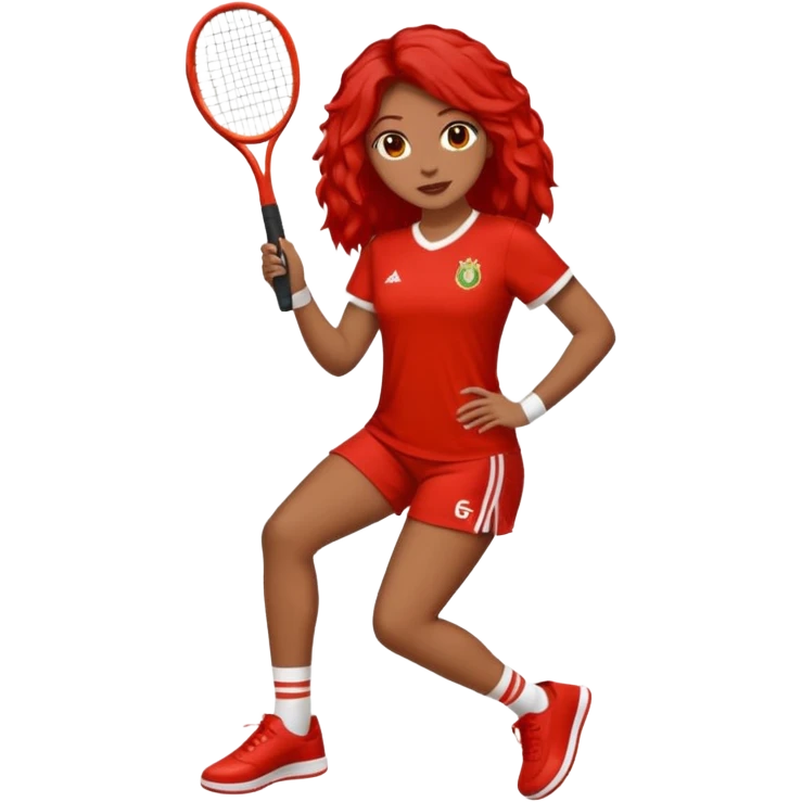 Crie uma rapariga com cabelo encaracolado, longo e frisado, olhos escuros, muitos sinais na cara, blusa vermelha e branca às riscas, calças de ganga, ténis samba fake  emoji