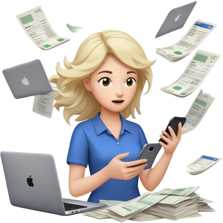 woman holding a phone in one hand, laptop open in front, storm of receipts, invoices, and reminders swirling around, multitasking chaos emoji