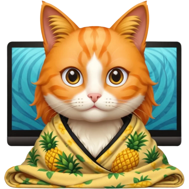 An orange female cat with a computer, with long eyelashes and black wavy hair,
She wears a blanket with pineapple patterns on her body, There's no pineapple emoji