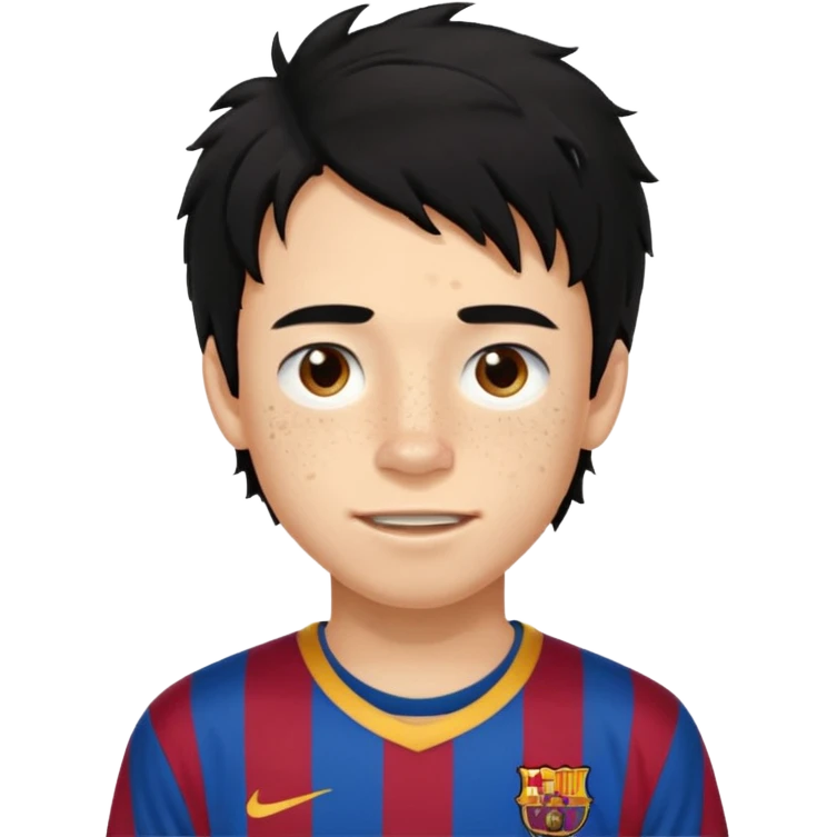 Un chico con pelo largo, desordenado y negro, tiene pecas, brackets, ojos cafés oscuros y con una camisa del Barcelona emoji