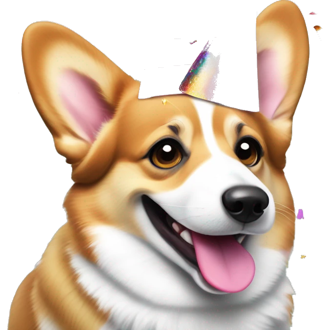 Happy Welsh corgi with a cheeky wink, tongue sticking out, and a colorful party hat, surrounded by confetti for a fun celebration emoji