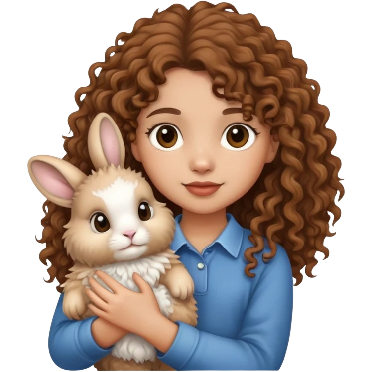 cute light skin curly brown haired girl holding a lionhead rabbit emoji