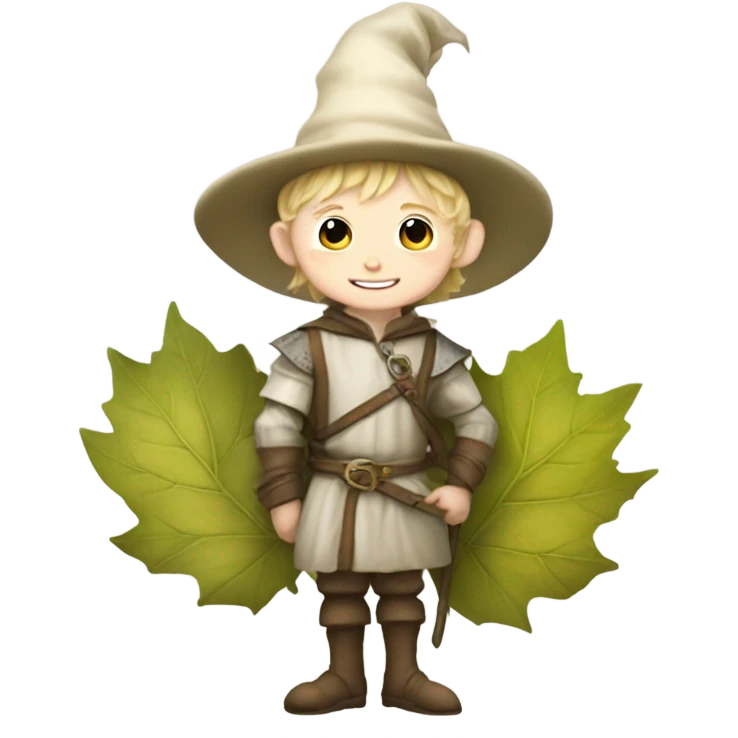 whimsical fairytale medieval pale boy who is tiny and wearing a leaf hat and big boots emoji
