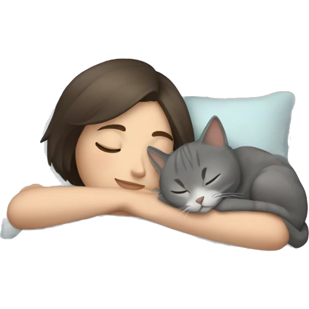 Brunette girl with short hair sleeping with grey cat  emoji