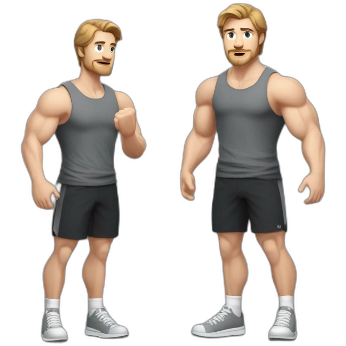 Full height Actively gesturing with hands Pale skinned Fit Man With the biceps and brown hair in dark gray Sleeveless Mike, black oversize sports shorts and white Sneakers emoji