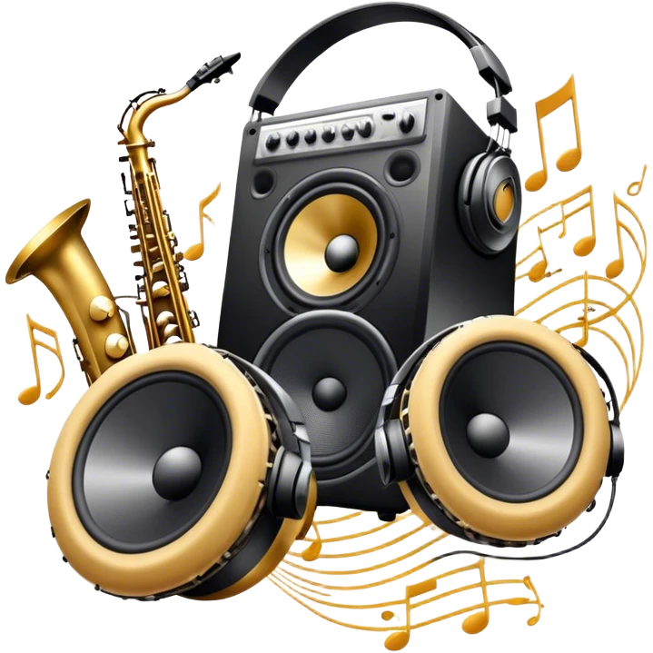 Icon for R&B Music Listening: large concert speakers and headphones with waves of musical notes coming out, along with drums, bass guitar and saxophone. The icon should convey the energetic and rhythmic vibe of R&B music. Transparent background emoji