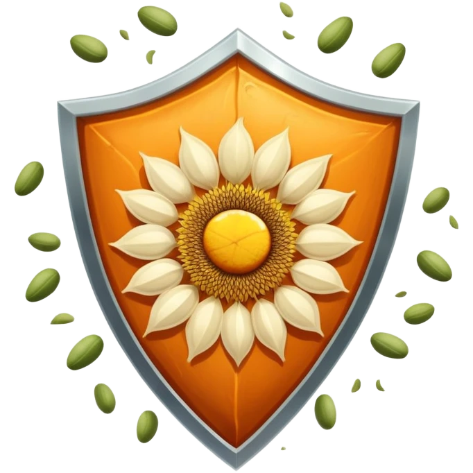 Floating seeds (pumpkin, sunflower, sesame) and a glowing cut of lean meat positioned on a bright shield of light. The shield emits protective rays while the seeds and meat shine with nutritional essence, creating a healing and protective visual. emoji