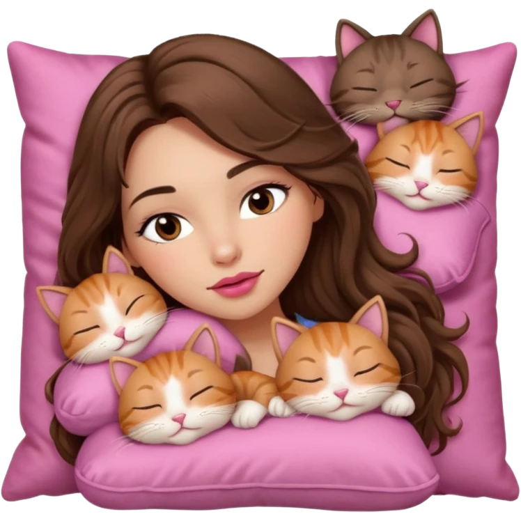 girl with long wavy brown hair, brown eyes, long lashes makeup, sexy pink lips, light to medium complexion, sleeping on a cozy pillow, with 6 cute cats, sleeping emoji