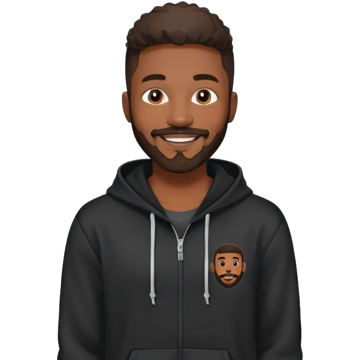 African yound man in his late 20s with a bright smile with a full short boxed beard and moutache , and a low cut hair, black hoody emoji