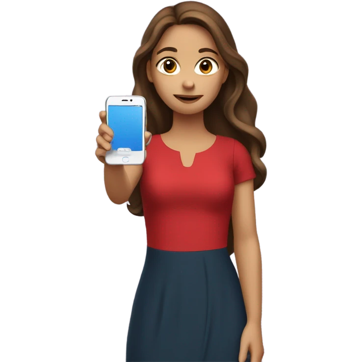 a white girl with long brown hair in a red dress holding a cell phone showing it emoji