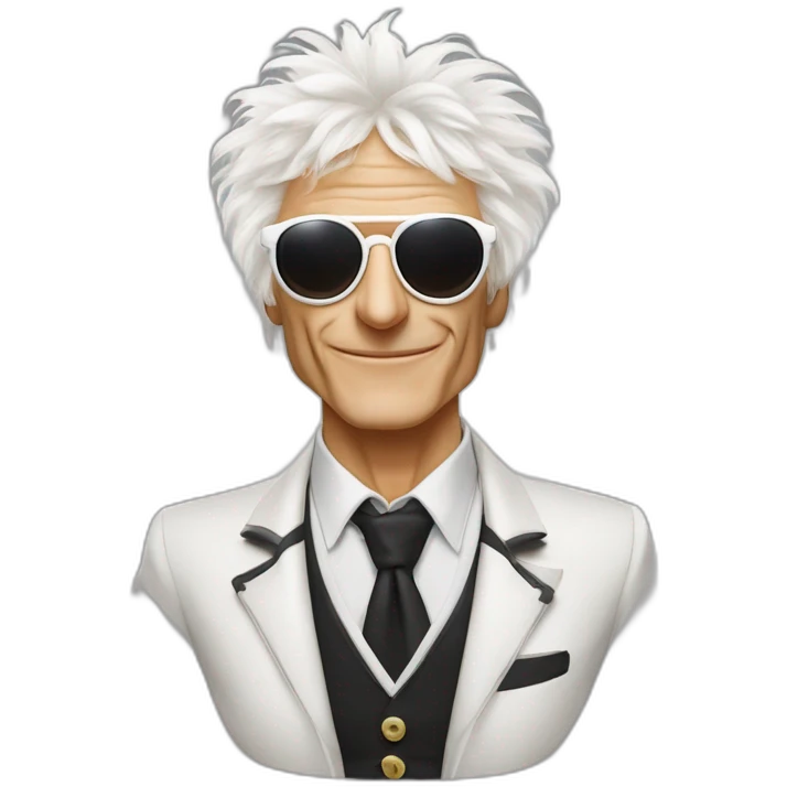 michel polnareff avec des lunettes de soleil blanches, des cheveux longs, vieux et avec un costume emoji