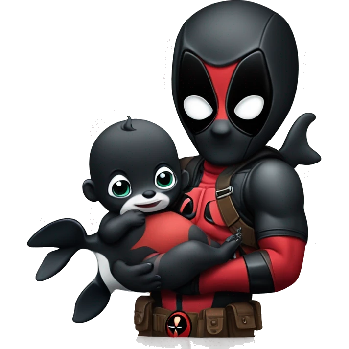 Deadpool holding a baby orca emoji