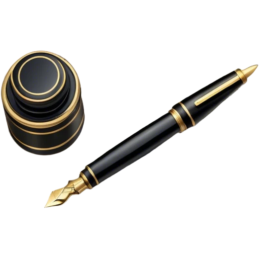 Icon for Autograph Collecting: a signature on a piece of paper with a vintage fountain pen beside it, and a collection of autographed photos or memorabilia in the background. The icon should convey the passion for collecting famous signatures. Transparent background. emoji