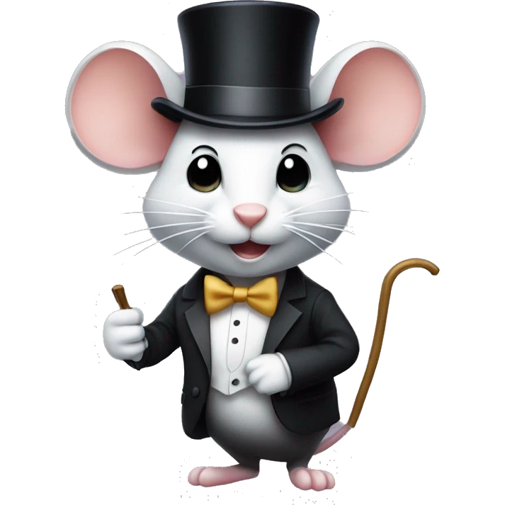 A mouse in a top hat, a tuxedo and with a cane in his hand emoji