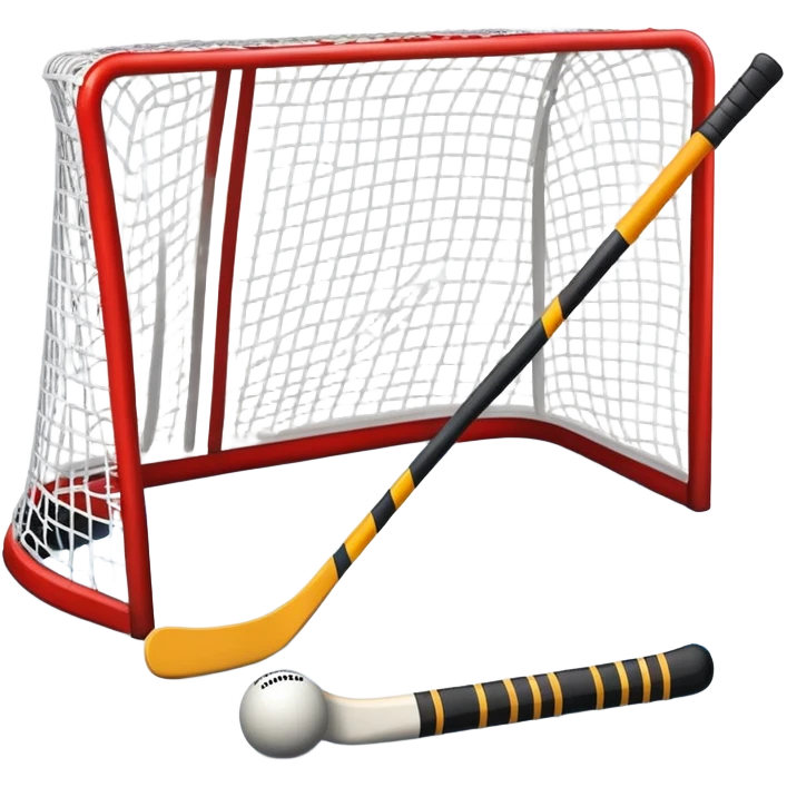 A ball and hockey stick resting on an ice rink, with the goalposts and clear markings in the background. The scene captures the unique nature of field hockey with a ball on ice, emphasizing the speed and precision of the sport in a cold, competitive atmosphere. emoji