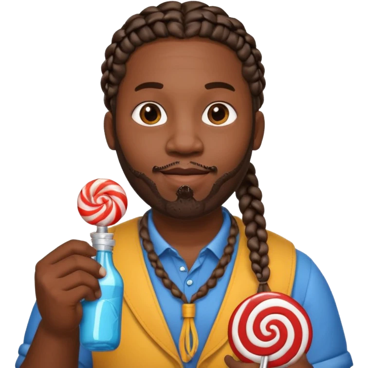 Big black man with braids hold a bottle and a lollipop emoji