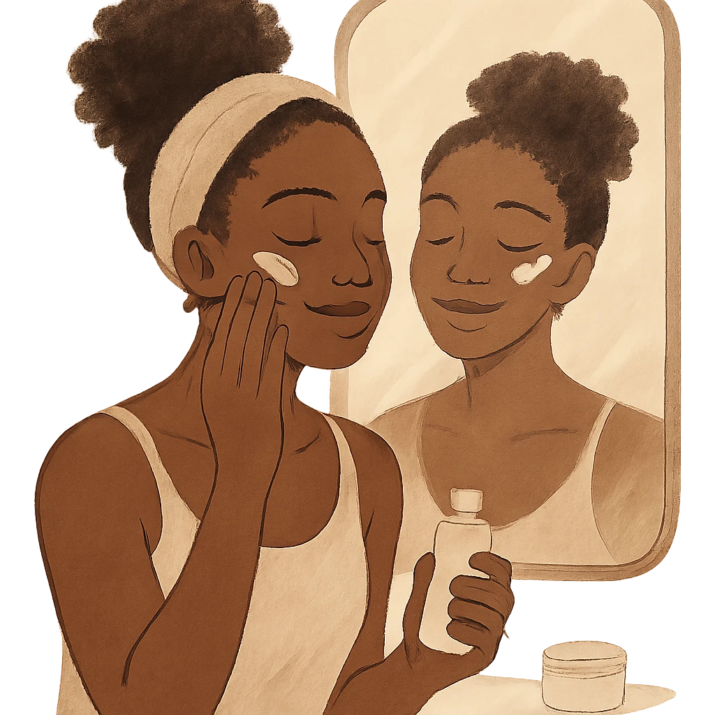 self care aesthetic, black girl with brown skin, applying skincare in front of a mirror, gentle and uplifting mood emoji
