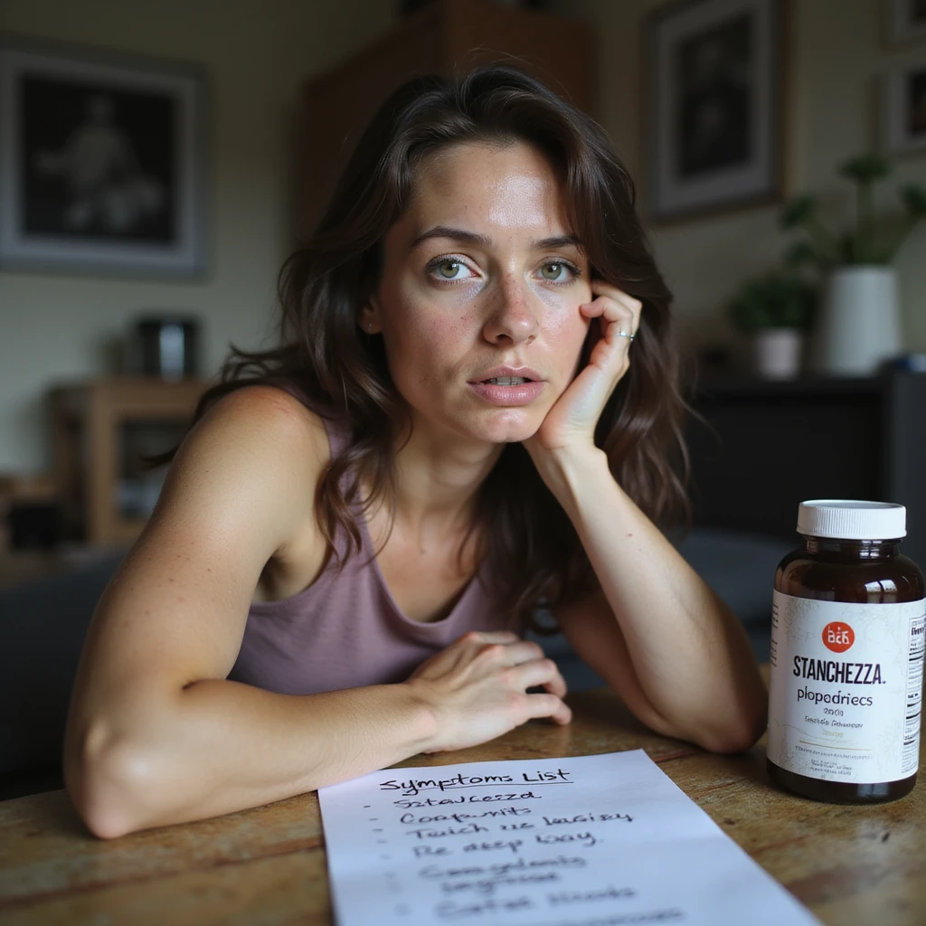hyperrealistic 4K image of a woman with PCOS, face with acne and chin hair, thin hair, lost gaze, symptom list on the table with 'stanchezza' highlighted, supplements next to it, home environment emoji