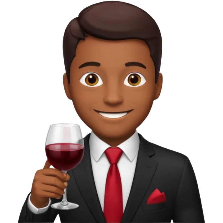 Man with black suit and red tie, brown skin, handsome, drinking wine with a happy face emoji