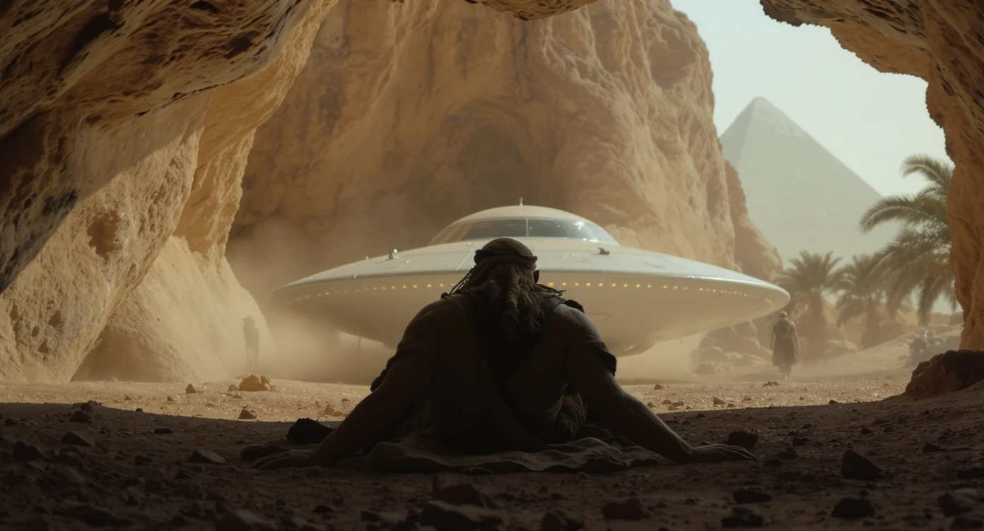 cinematic still, documentary photography, acient egypt, back shot of a man dress in ancient clothes in cave on ground laying front of small ufo starship, palms, dynamic scane, leading lines, captured by arri alexa, depth layers, piramids in babckground emoji