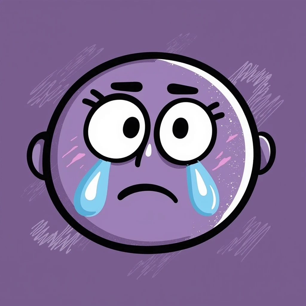 chalk-doodle emoji with oversized purple teary eyes, white heart pupils, trembling motion lines, soft frown, upward eyebrows, blue tears, rough pastel texture, drawn on dark background, lilac and soft purple tones, emotional and aesthetic for Telegram emoji