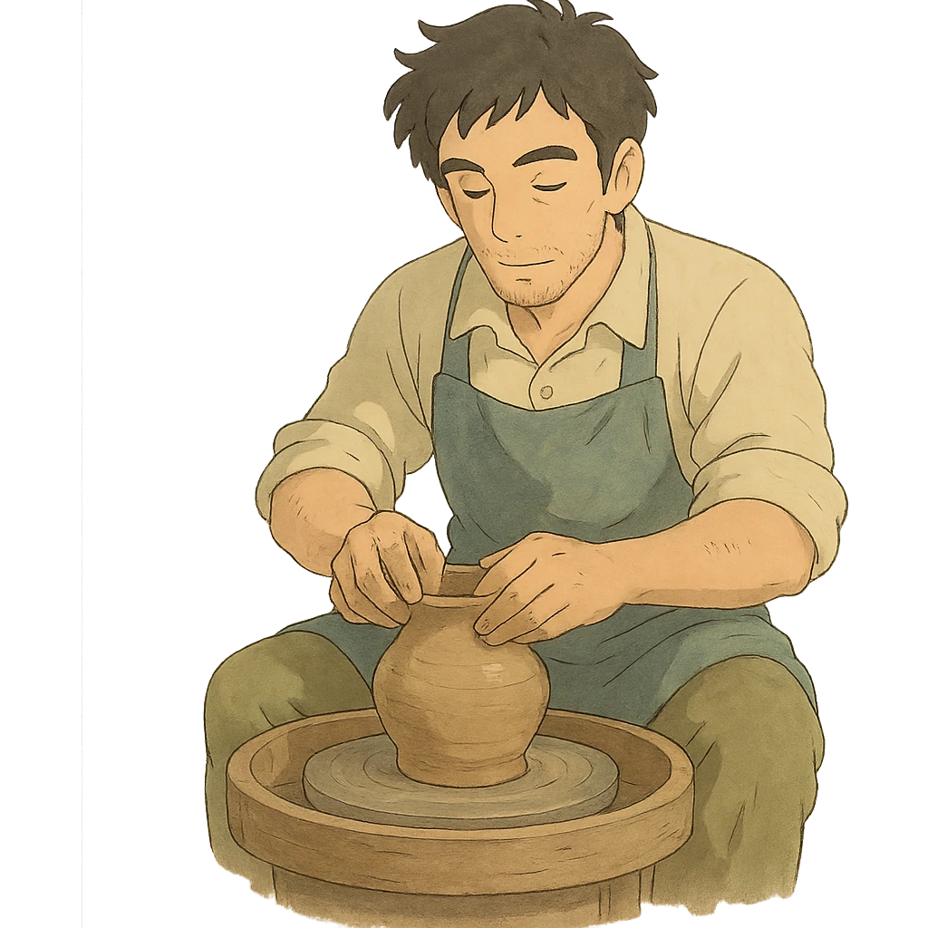 ghibli style man doing pottery, soft colors, detailed emoji