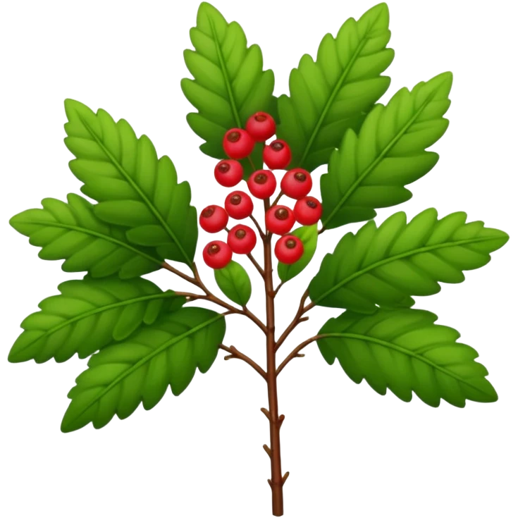 A tall shrub with layered leaves and a few small berries. emoji