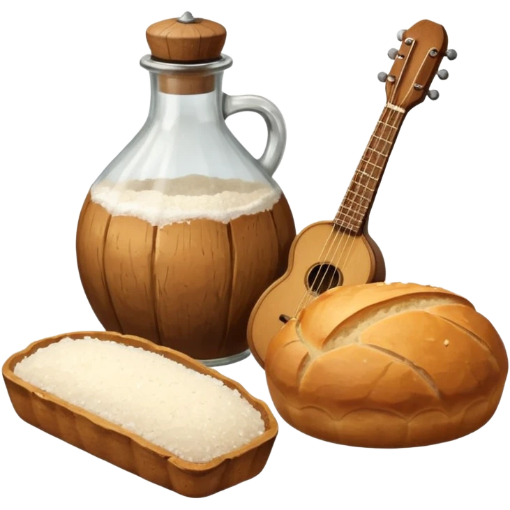 steampunk - a bottle of salt (salt shaker) and a loaf of peasant bread with a small mandolin emoji