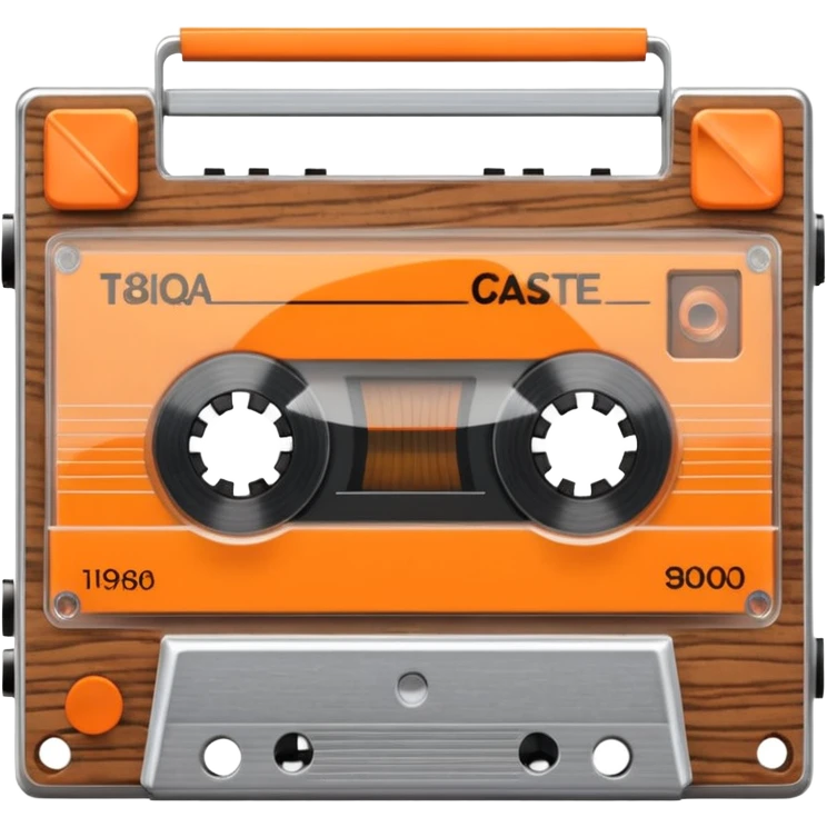3D render of Cassette Tape, vintage 1980s audio equipment aesthetic, tactile analog buttons, transparent clear plastic with orange ribbon reels inside, mixed wood grain and brushed aluminum textures, Apple emoji style, isolated on white background --v 6.0 emoji