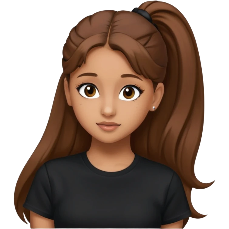 Ariana Grande high ponytaw with brown hair and with black thsirt and and eyeliner make her look 20 emoji