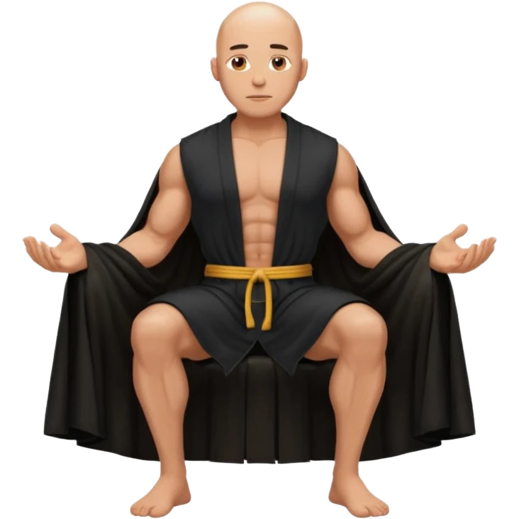 fullbody jacked bald guy, sleeveless and unbuttoned in black robe sitting emoji