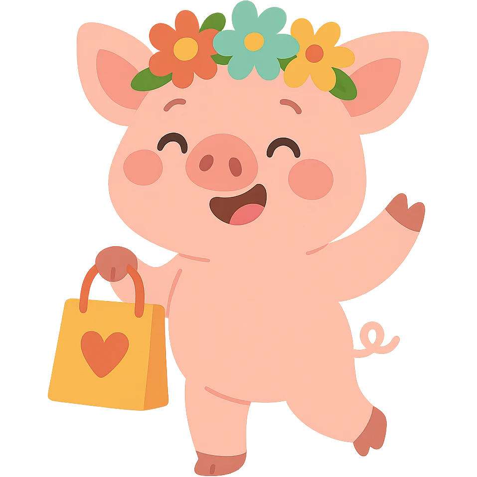piglet with flower crown and gift bag, pastel-toon style emoji