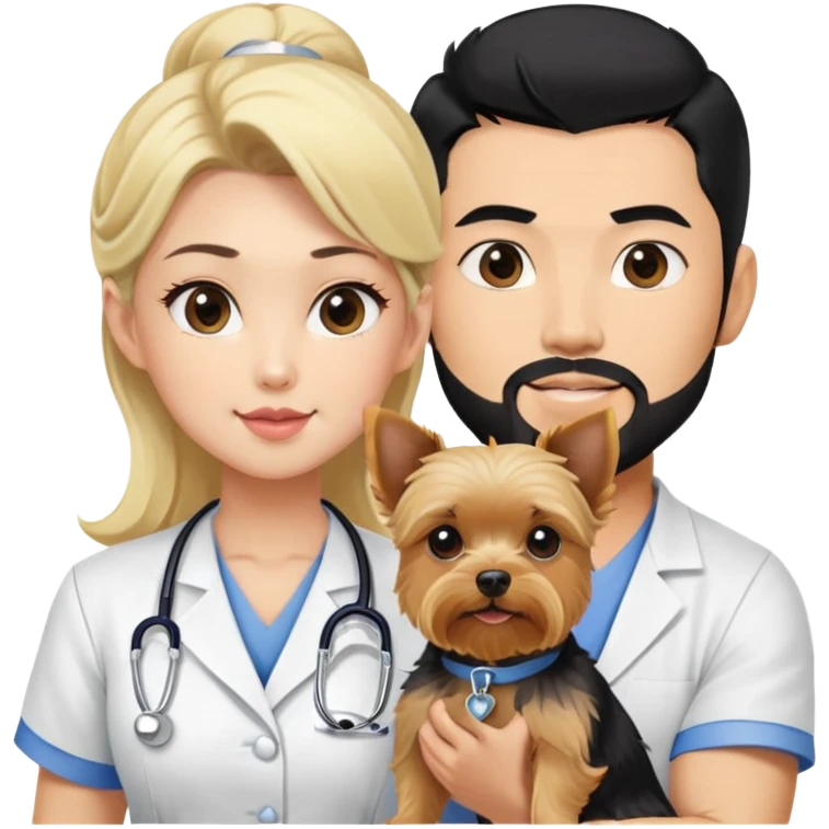 Blonde nurse next to black haired Korean Asian handsome muscular man black pointy hair full goatee.   Holding one blonde yorkie.  emoji