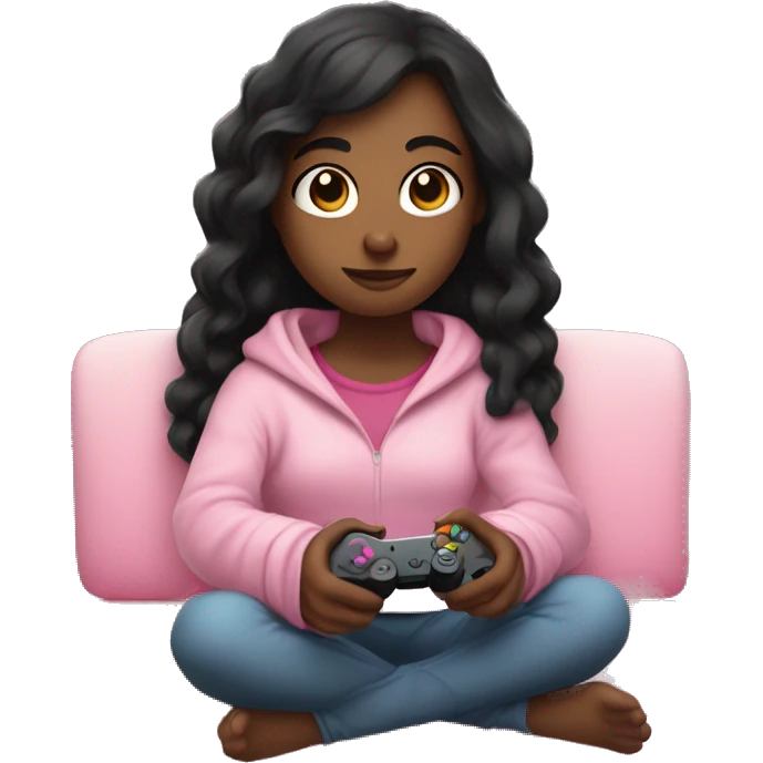 girl with dark hair wrapped up in a blanket sitting on a couch with a pink gaming controller in her hands emoji