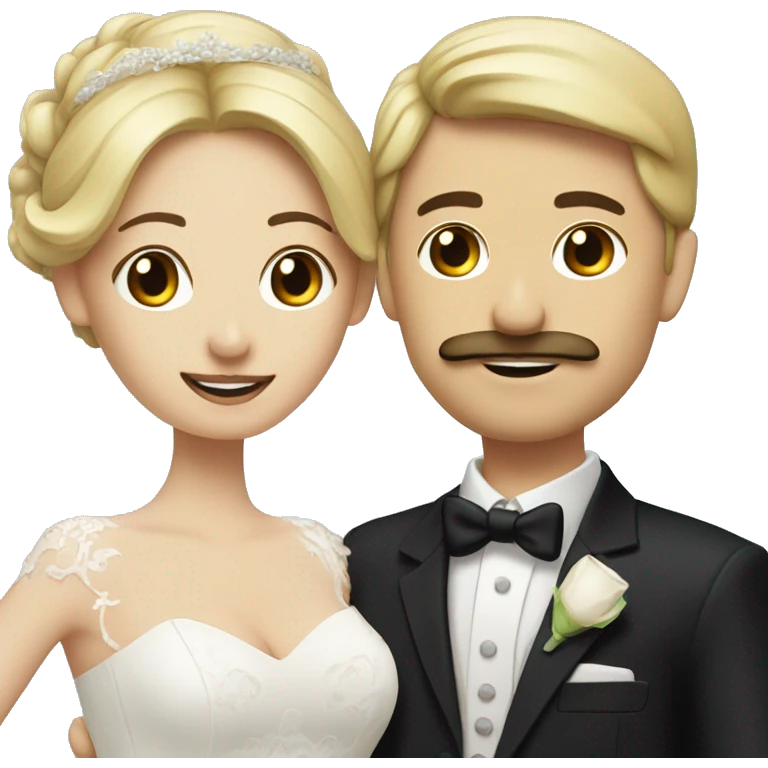 brunette Bride and blonde groom big chedt and mustache emoji