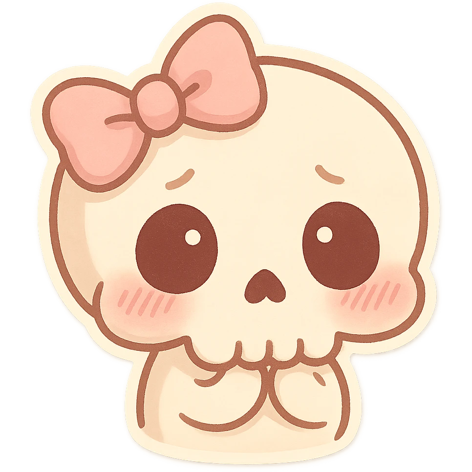 a shy skull with a pink bow, cute style, adorable, soft colors, charming expression emoji