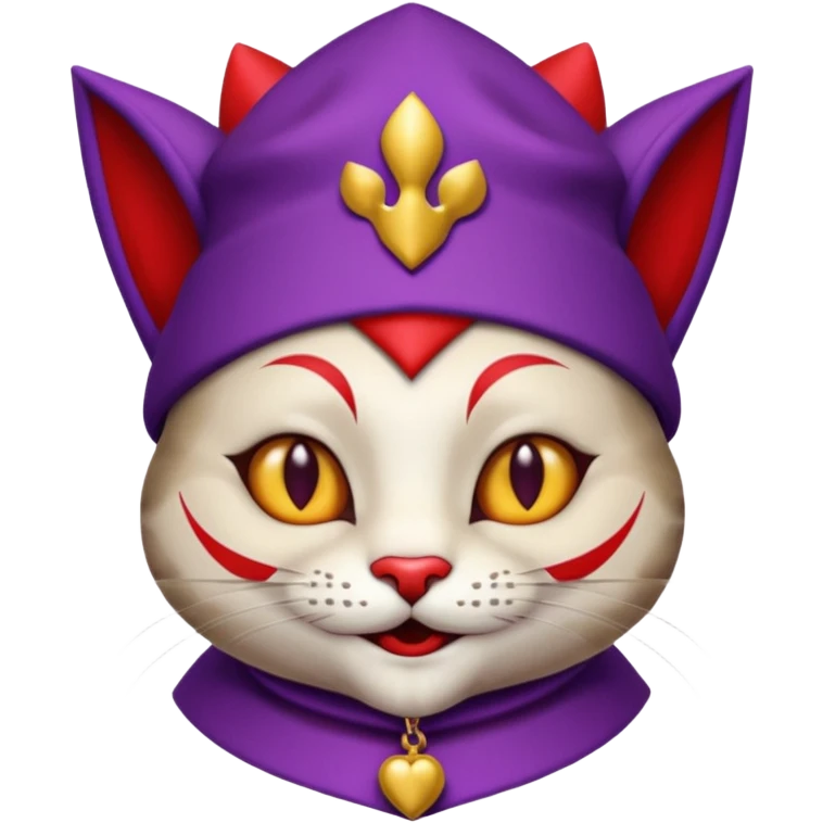 crazy colorful cute little cat jolly joker from poker, medieval, vintage, court jester, mac os icon, purple and red color, half body emoji