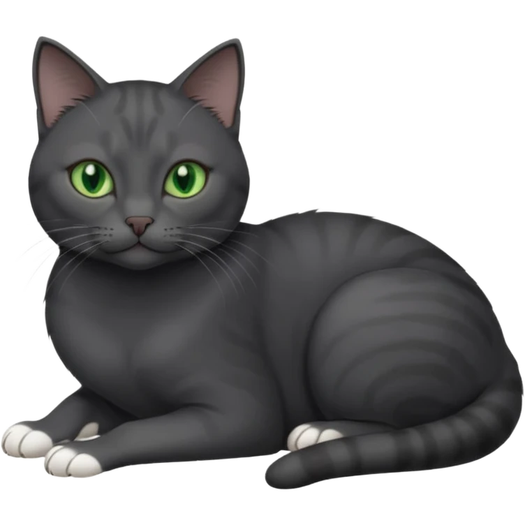 beautiful female solid dark grey cat with green eyes, white toes/paws and white patch on her chest rolling over emoji