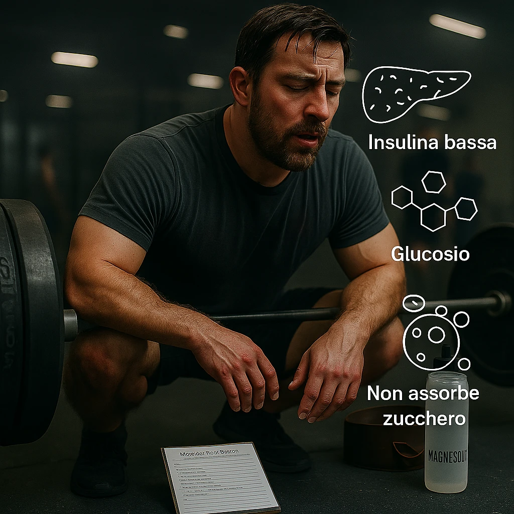 Add clear and legible Italian text to the icons in a realistic and symbolic-medical style: label the pancreas with 'Insulina bassa', the molecules with 'Glucosio', and the cells with 'Non assorbe zucchero'. Maintain the realistic and symbolic-medical style with clear and readable text. emoji