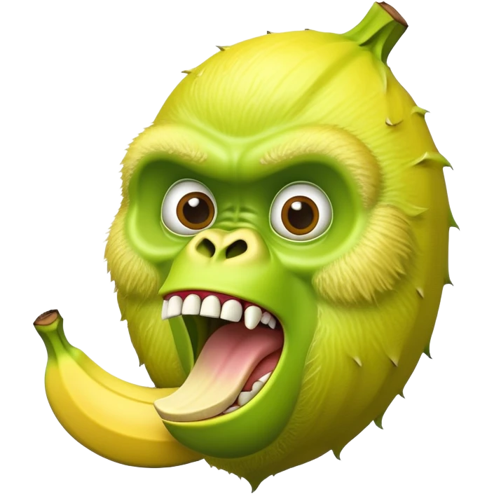 A peeled banana body with a lime green gorilla head showing teeth and expressive eyes emoji