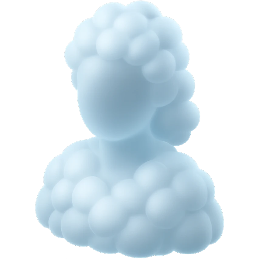 faceless person, facing straight, fully composed of white fluffy convex clouds, shoulder length, no shadows, matte glass style emoji