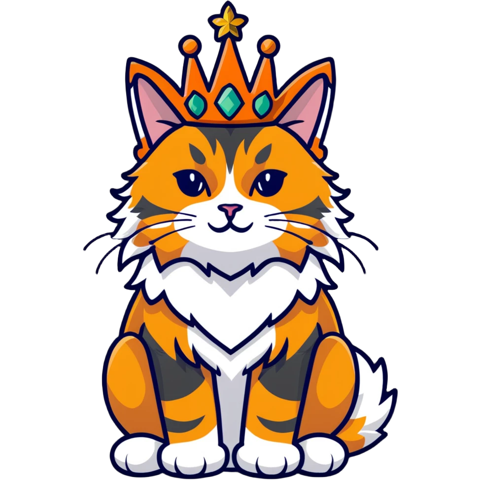 regal calico maine coon cat with orange, black and white fur wearing a jeweled crown emoji