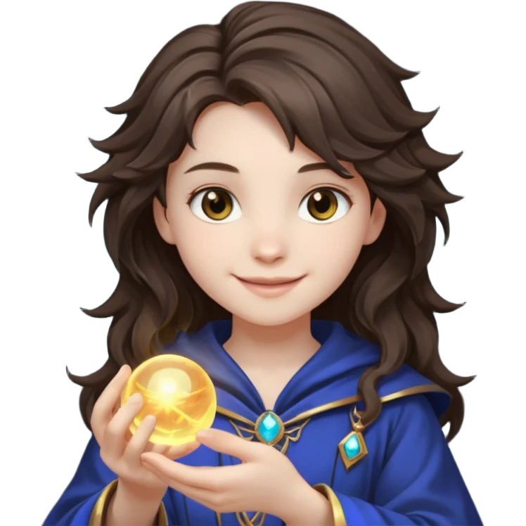 A teen brunette mage with tousled hair, holding a tiny glowing orb and smiling confidently. emoji