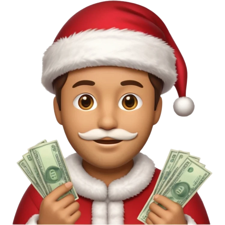 A confident rich emoji face wearing a Santa hat, money stacks, casino vibe, New Year theme, premium 3D emoji style, sharp details, no text, isolated on transparent background emoji