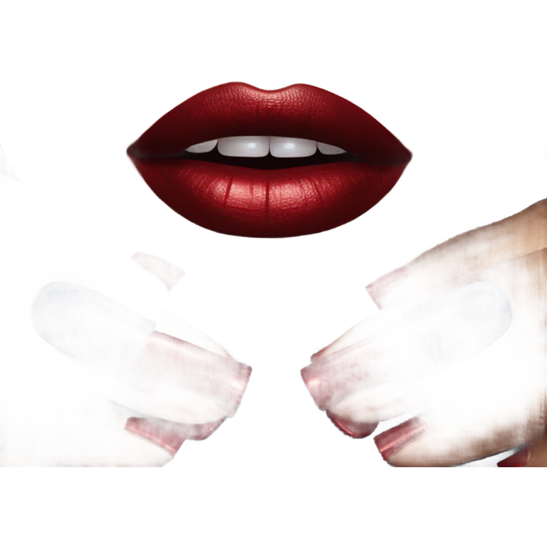 long dark blue manicure at the mouth with red lipstick emoji