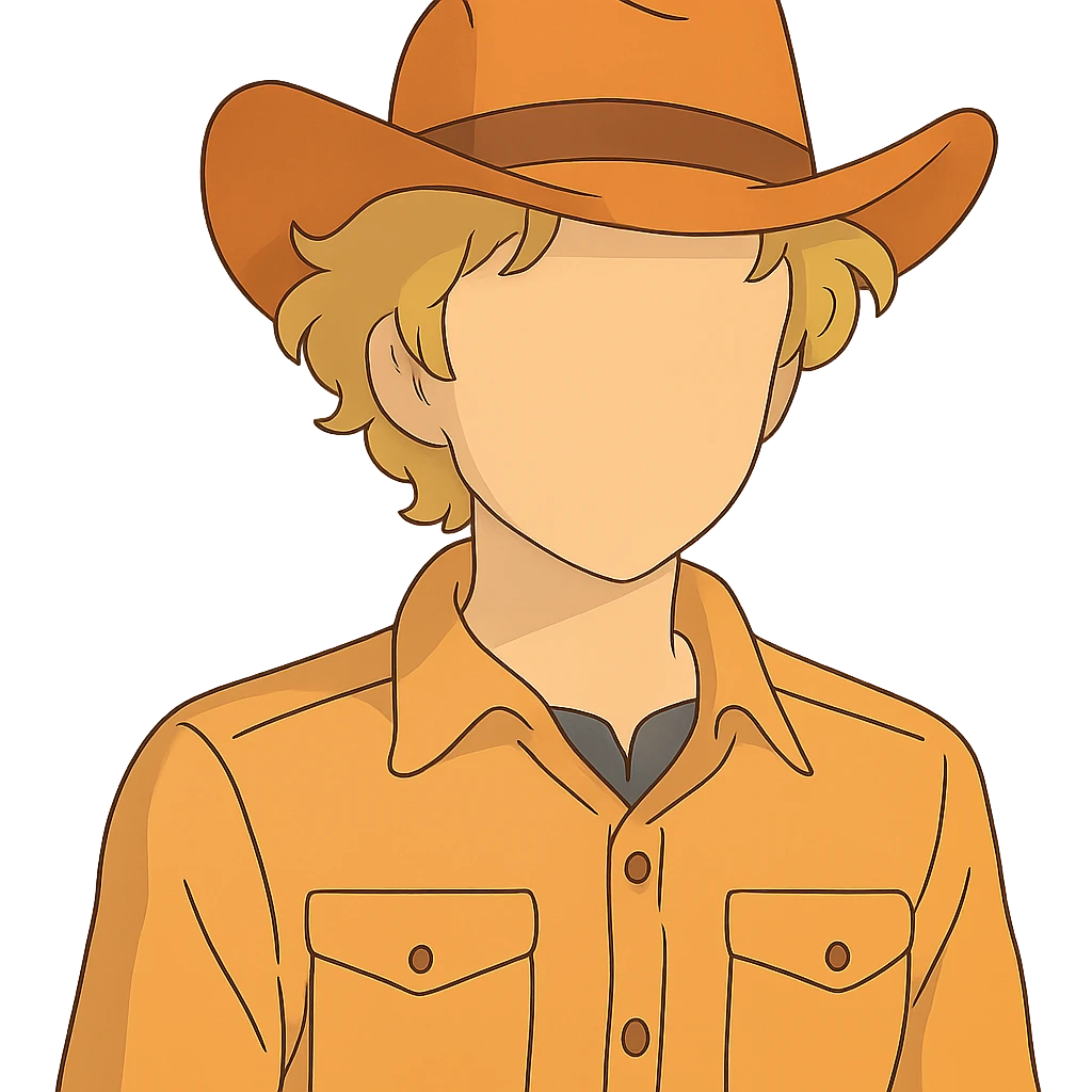 ghibli style young man with wavy blonde hair, blank face, orange cowboy hat emoji