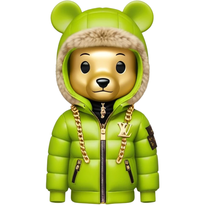 traditional cube-shaped bearbrick toy with squared head, lime balaclava with graffiti logos and integrated dark visor shield, Louis Vuitton monogram puffer jacket with plush fur hood trim, gold chains emoji