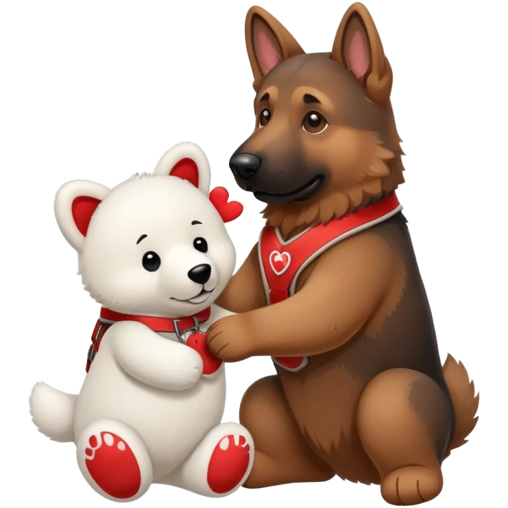 Brown German shepherd with red harness playing with a white plushy bear emoji